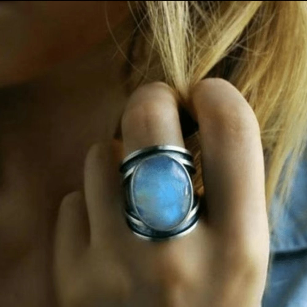 Oval Silver Moonstone Ring Size 7 Statement Boho Ring